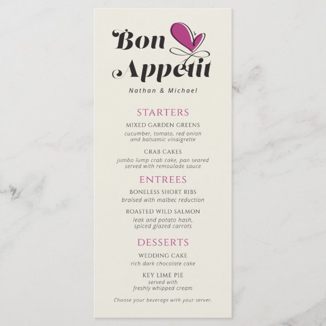 Bon Appetit Bröllop Magenta Cream Meny (Framsida)