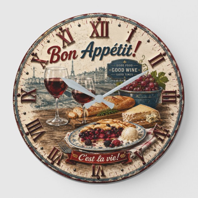 Bon Appétit French Paris Wine & Cheese Rustic Café Stor Klocka (Framsida)