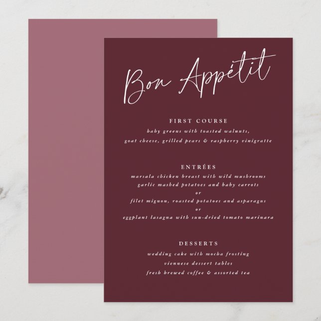 Bon Appétit Merlot Burgundy Handskrift Bröllop Meny (Fram/baksida)