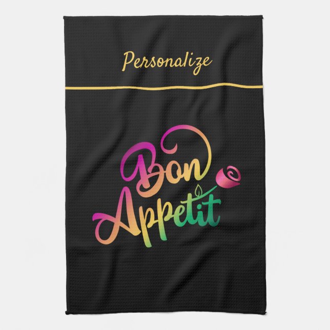 Bon Appetite Quote Lila Gult Black Kökshandduk (Vertikal)