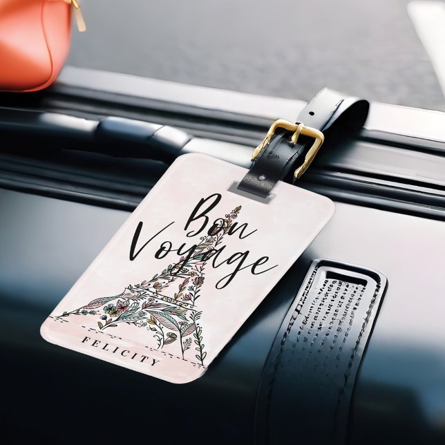 Bon Voyage | Blommigt Flowers Paris Eiffel Torn Bagagebricka (Bon Voyage | Floral Flowers Paris Eiffel Tower Luggage Tag)