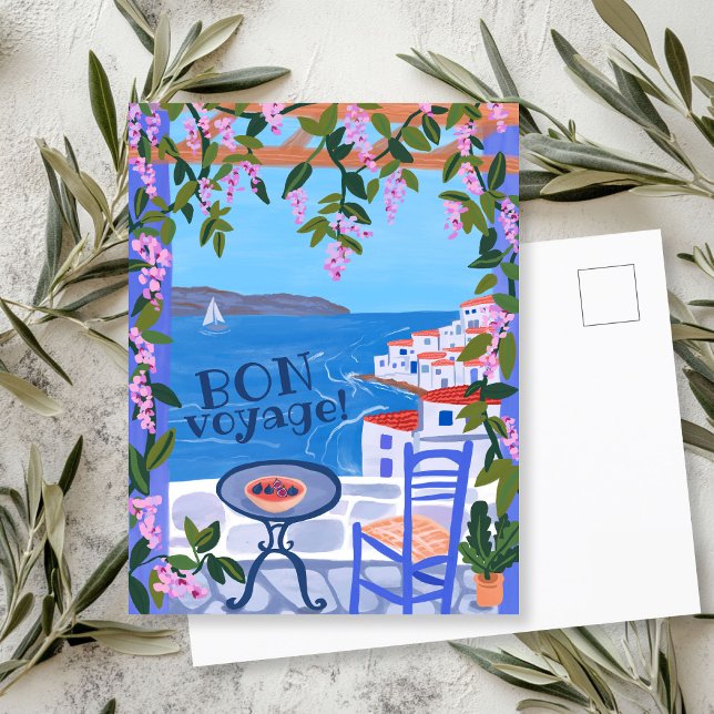 BON VOYAGE Blommor Terrass Grekisk ö Vykort (BON VOYAGE Flowers Terrace Greek Island Postcard
)