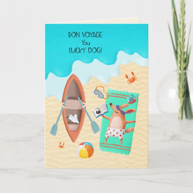 Bon Voyage Lucky Hund Sunbad på Beach Kort (Framsida)