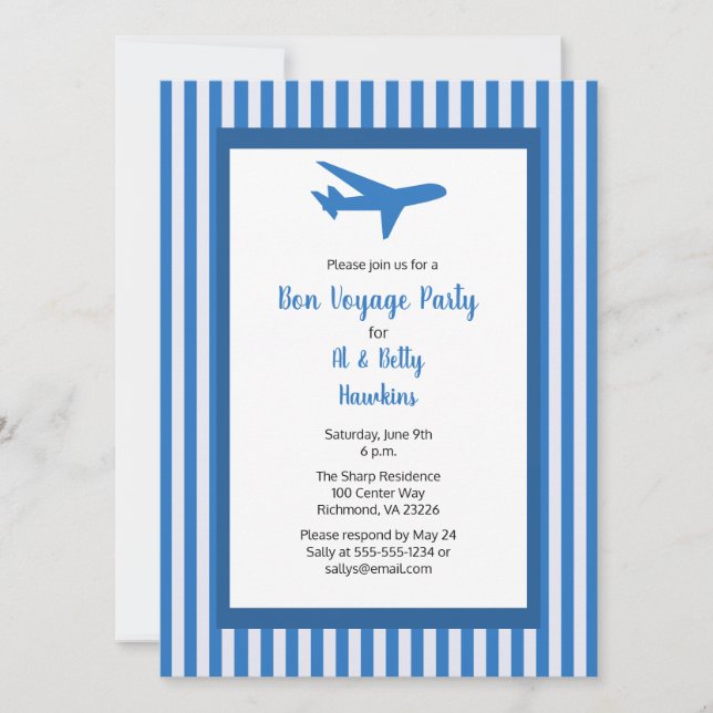 Bon Voyage Party-flygplan Ett par blå Rand Inbjudningar (Framsida)