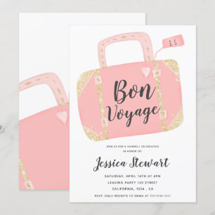 Bon voyage suitcase gult guld rosa lämnande party inbjudningar