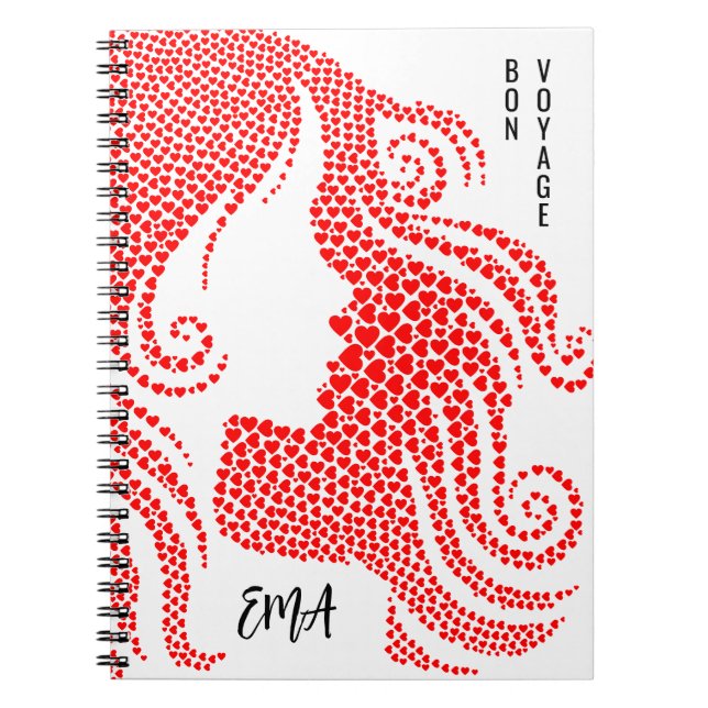 Bon Voyage Woman Silhouette i Red Hearts Monogram Anteckningsbok (Framsidan)