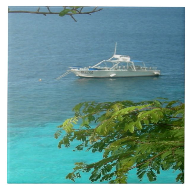 Bonaire Ocean View med boat Ceramic Tile Kakelplatta (Framsidan)