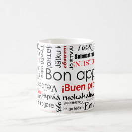Bonappetit i typografi för många olik språk kaffemugg