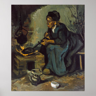 Bondaktig kvinnamatlagning vid en spis av Van Gogh Poster