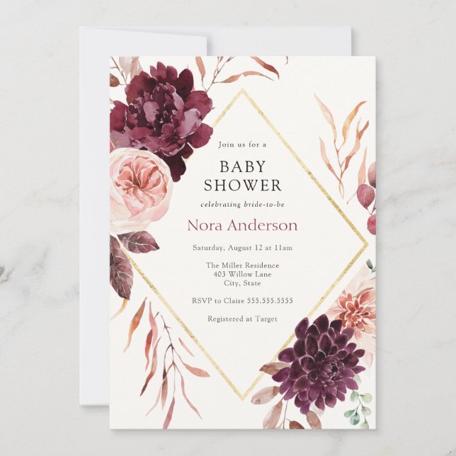 Bonde Burgundy Blommigt Guld Ram Baby Shower Inbjudningar (Framsida)