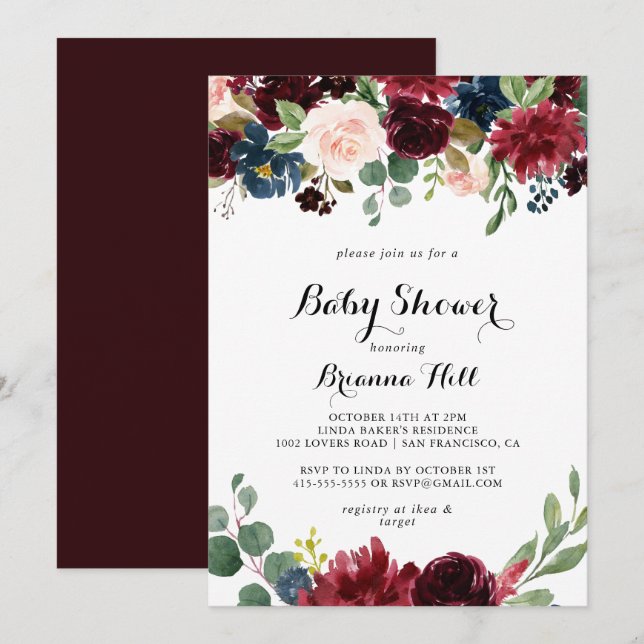 Bonde Rustic Burgundy Calligraphy Baby Shower Inbjudningar (Fram/baksida)