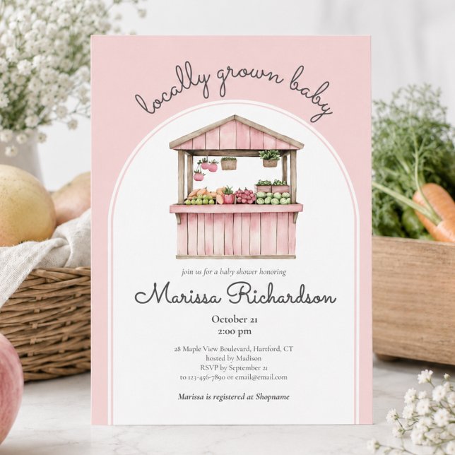 Bondemarknad Babyfirande Inbjudningar (cute sweet rustic locally grown baby pink farmers market baby girl shower invitation)