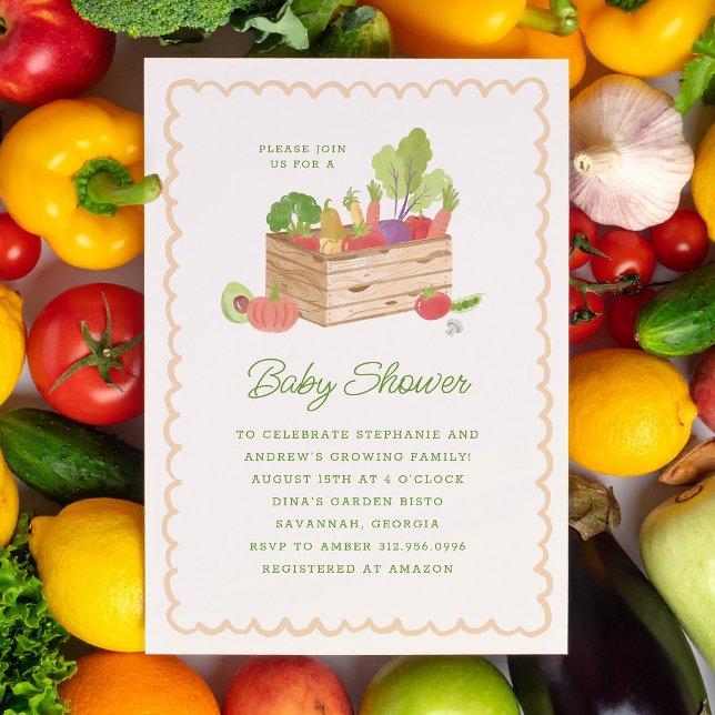 Bondens marknad Lokalt odlade grönsaker Baby Showe Inbjudningar (cute watercolour farmer's market baby shower invitation with crate of vegetables)