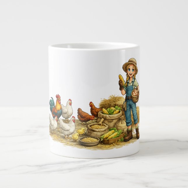 Bondflicka med ägg, söt rustik lantlig konst jumbo mugg (Framsidan)