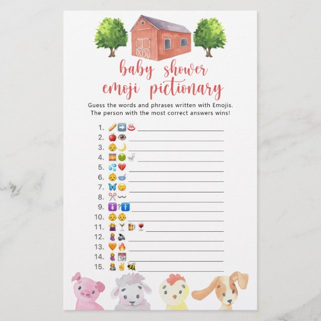 Bondgård - baby shower emoji pictionary spel (Framsida)