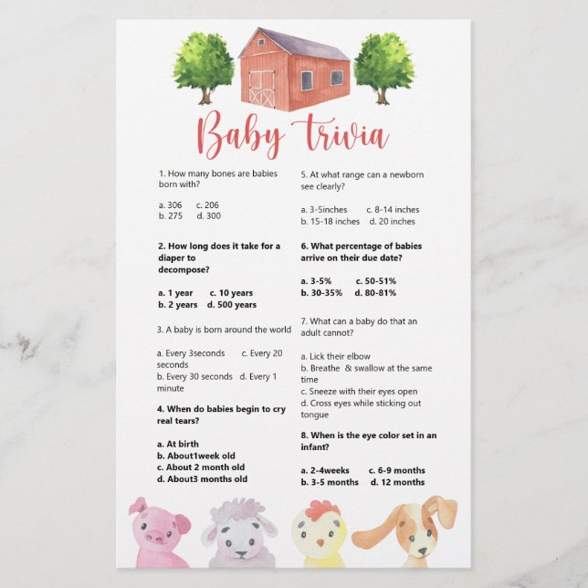 Bondgård - Baby Trivia | Baby Shower-spel (Framsida)