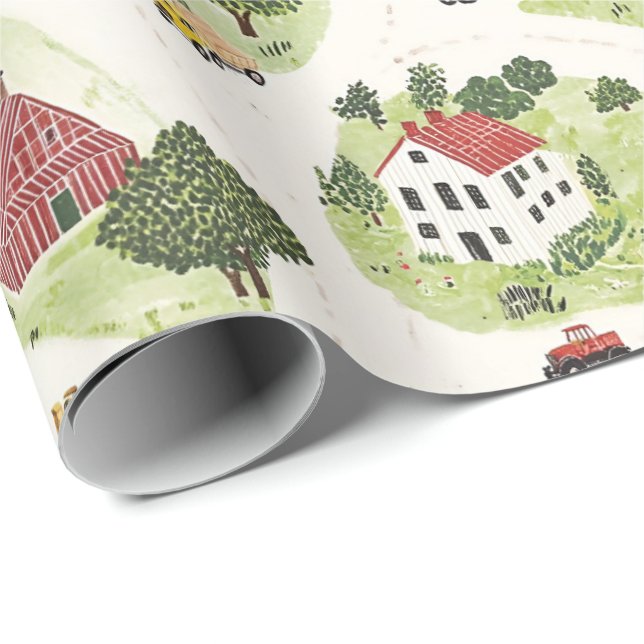 Bondgårdens ladugård och traktorer. Liten stad by  Presentpapper (Rullad Hörn)