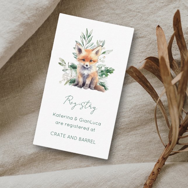 Bondgårdsdjur Babyfirande Önskelista Tilläggskort (This baby shower Registry card features a cute little fox and winter greenery)
