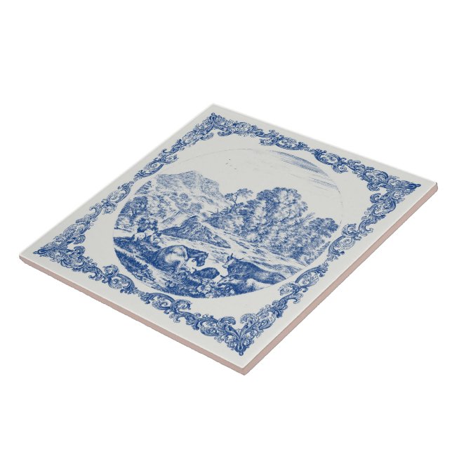 Bondgårdsdjur Landsbygdsscen Vintage Delft Blå  Kakelplatta (Sidan)