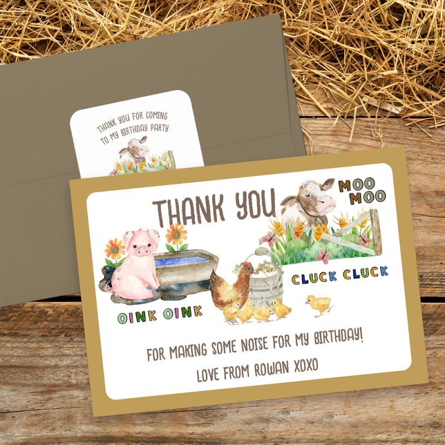 Bondgårdsdjur och ljud Barnkalas Tack Kort (Thank You for Making some Noise for my Birthday (editable) Farm Themed Thank You Card)