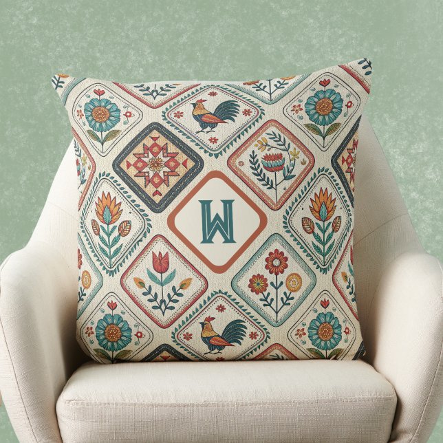Bondgårdsfolk Sagegrön och Orange Monogram  Kudde (Skapare uppladdad)