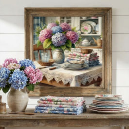 Bondgårdskök med Hydrangea Blommor Poster