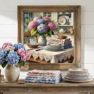 Bondgårdskök med Hydrangea Blommor Poster