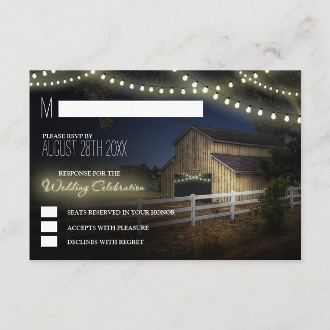 Bondgårdssträngljus Rustik Bröllopsfest på Ladan R OSA Kort (Framsida)