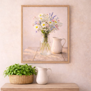 Bondgårdsvas med vilda blommor och keramisk kanna poster