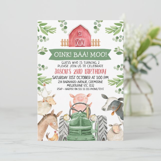 Bondgrön traktor Oink Baa Moo 2-års födelsedag Inbjudningar (Stående Fram)