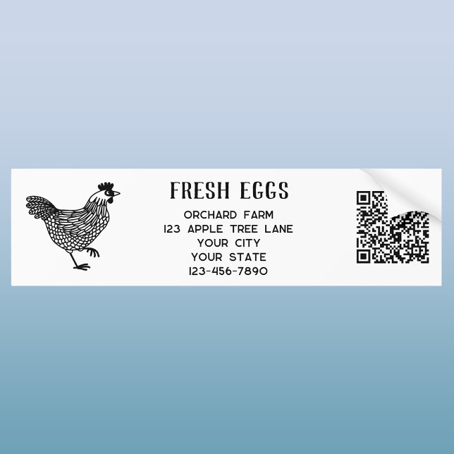 Bondhöns Färska Ägg QR-kod Bildekal (Fresh Eggs chicken hen bumper sticker with custom text, farm details and QR code)