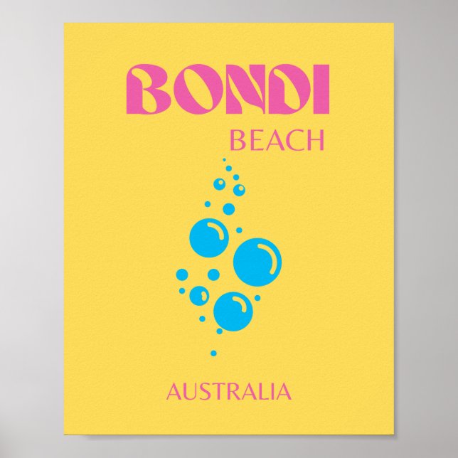 Bondi Beach, Travel Art, Preppy, Gult, Rosa Poster (Framsidan)