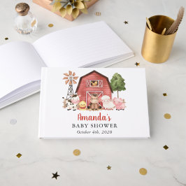 Bondjur, söta djur, röd lada, baby shower gästböcker