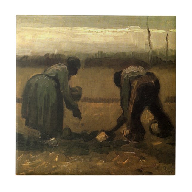 Bondkvinna planterar potatis av Vincent van Gogh Kakelplatta (Framsidan)