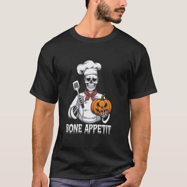 Bone Appetit Skeleton Halloween Cook Skeleton-kost T Shirt (Framsida)