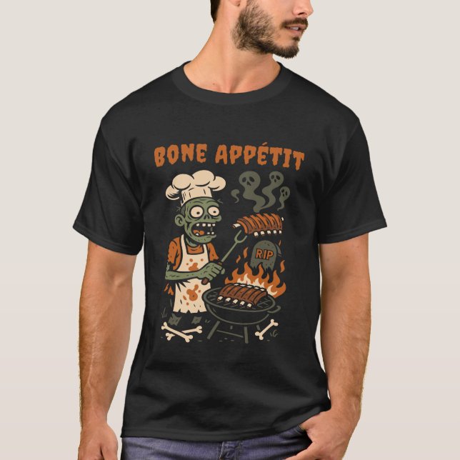 Bone Appétit – Zombie BBQ Chef Skeleton Grill Humo T Shirt (Framsida)