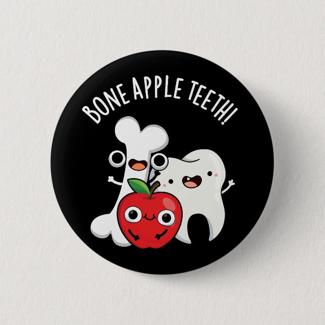 Bone Apple Teeth Rolig Bona Appetit Puns Mörk Bakg Knapp (Framsida)