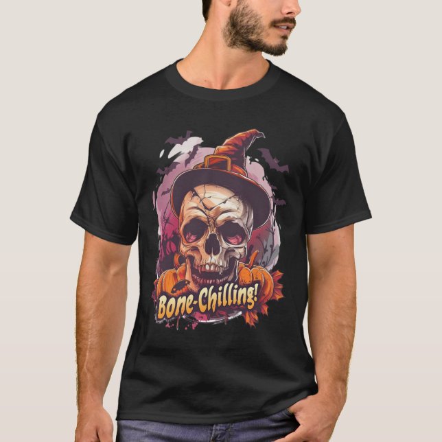 Bone-Chilling Skull & Pumpkin Halloween T Shirt (Framsida)