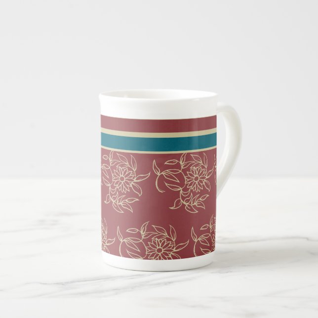 Bone China Coffee Mugg, Maroon Blue Blommigt Benporslin Mugg (Framsida höger)