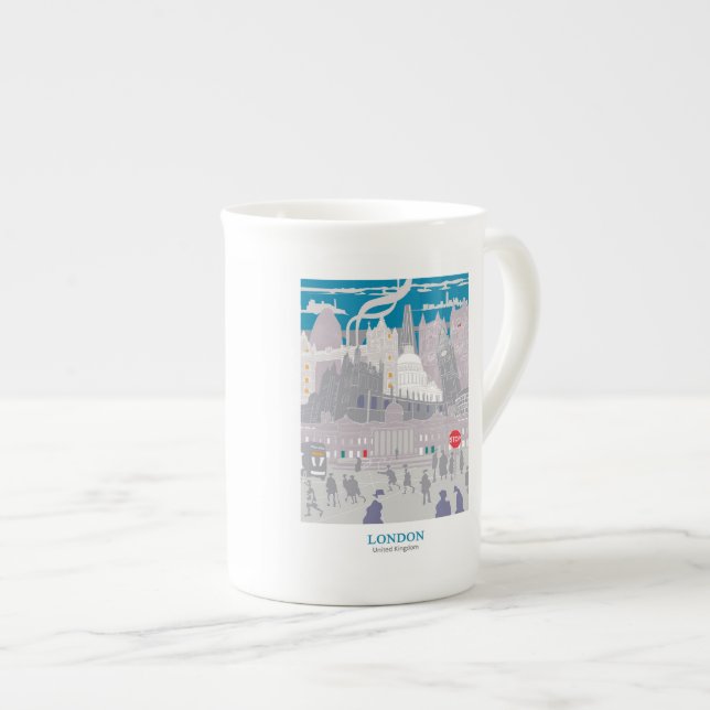 Bone China London Skyline Blue Grått Artwork Benporslin Mugg (Framsida höger)
