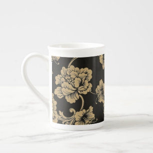 Bone China Mugg-Black-Blommigt Benporslin Mugg