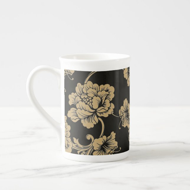 Bone China Mugg-Black-Blommigt Benporslin Mugg (Vänster)