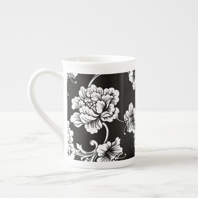 Bone China Mugg-Black & White-Blommigt Benporslin Mugg (Vänster)