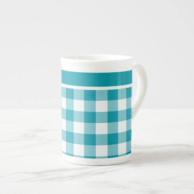 Bone China Mugg, Teal and White Check Gingham Benporslin Mugg (Framsida höger)