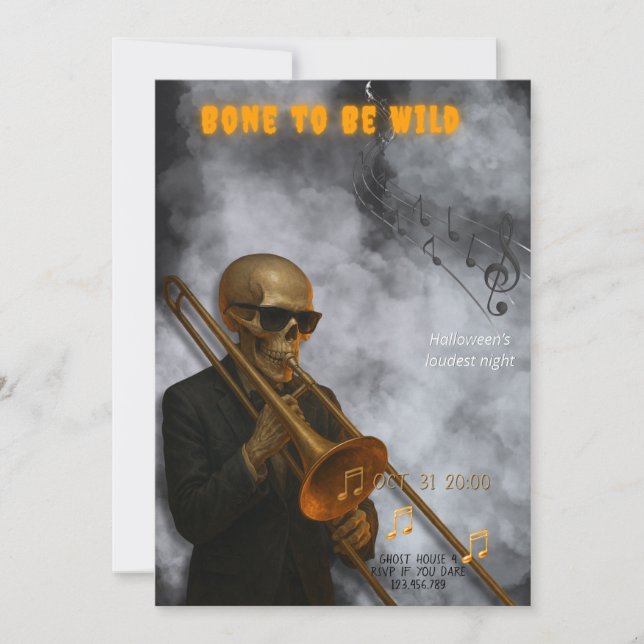 Bone to Be Wild - Skelettrombon | Halloween Inbjudningar (Framsida)