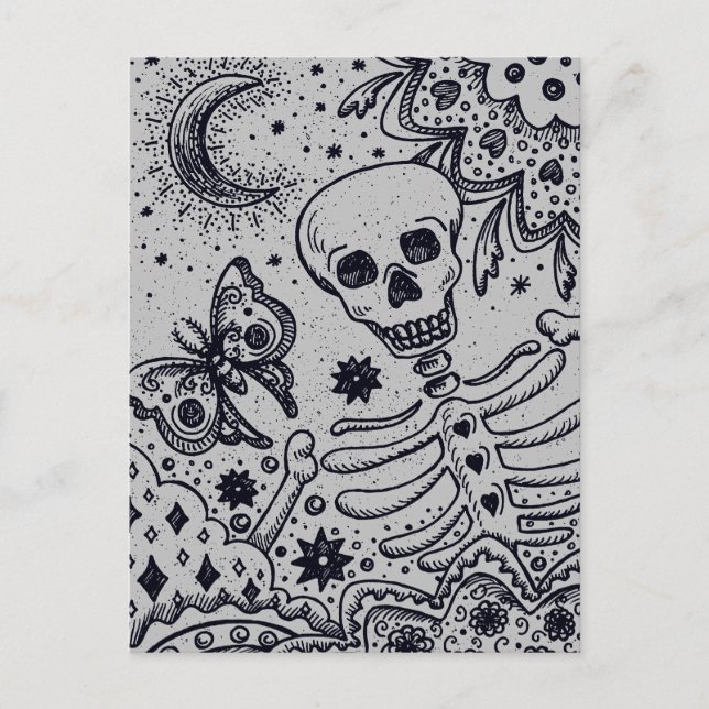 BONER I GARDEN SKELETON, FOLK ART MÅNE HELG VYKORT (Framsida)