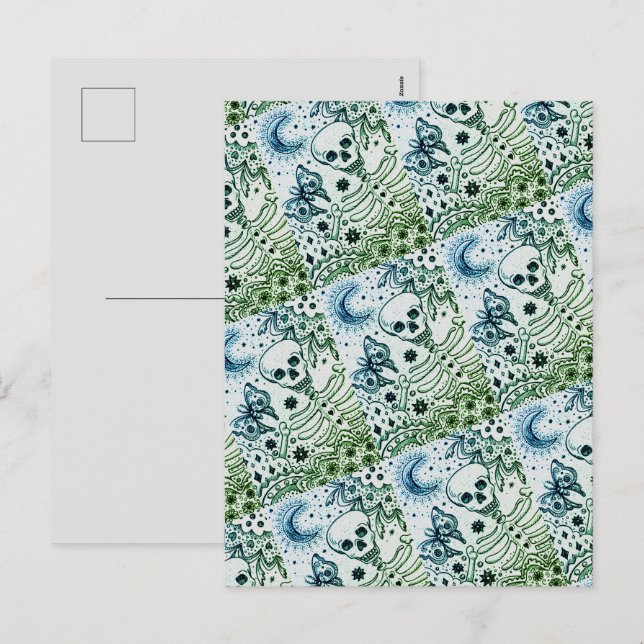 BONER I GARDEN SKELETON, FOLK ART MÅNE HELG VYKORT (Fram/baksida)