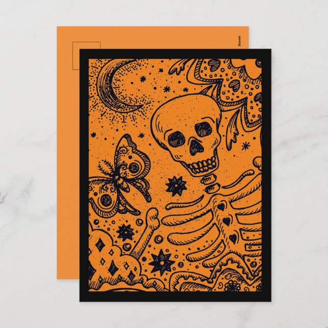 BONER I GARDEN SKELETON, FOLK ART MÅNE HELG VYKORT (Fram/baksida)