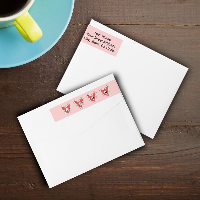 Bones Skull Goth Kärlek Etikettband (Bright Red hearts circled with bones and skull on pink Valentine wrap around return address labels.)