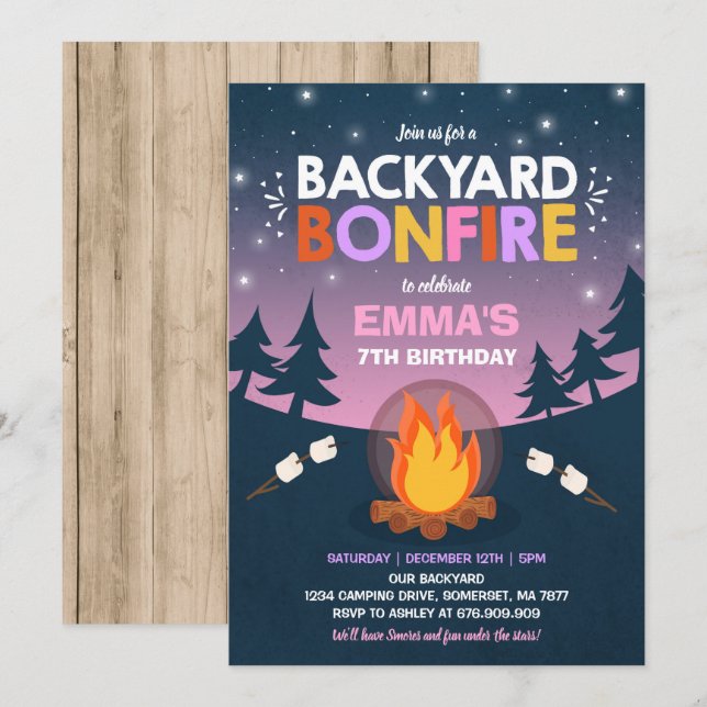 Bonfire Birthday-inbjudan Bonfire Camping Party Inbjudningar (Fram/baksida)